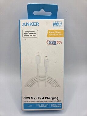 Anker 10' 60W Braided USB-C to USB-C Max Fast Charging Cable - White